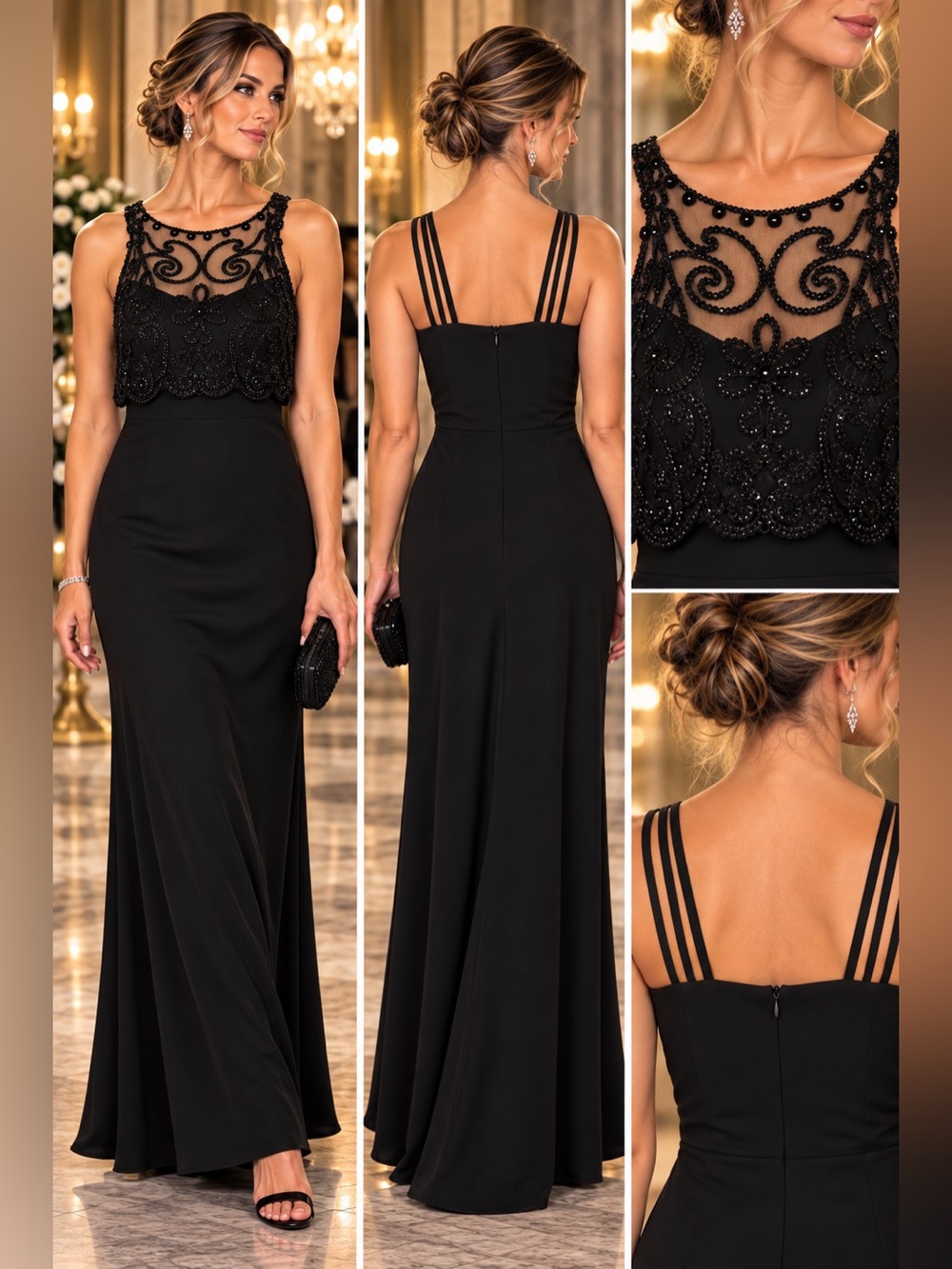 Vintage 90’s Scarlett Black Beaded Illusion Maxi Dress